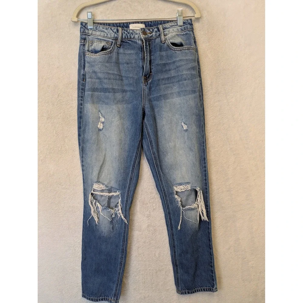 bohme Distressed Straight‎ Leg Jeans Women's 27 Blue High Rise Ripped Denim